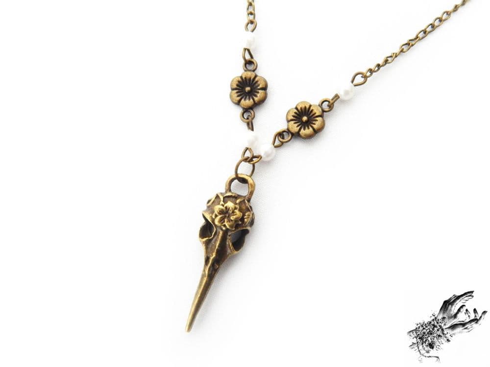 Antique Bronze Bird Skull Necklace