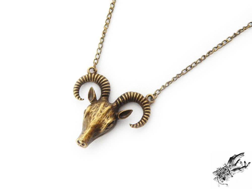 Antique Bronze Ram Skull Necklace