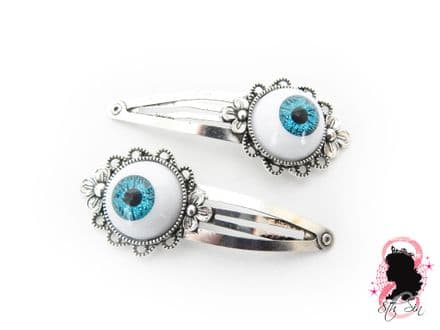 Antique Silver and Blue Eyeball Hair Clips