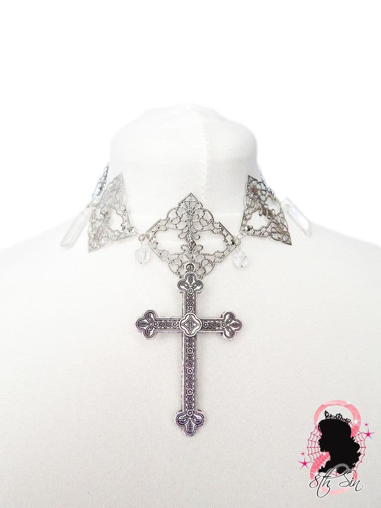 Antique Silver Cross Choker Necklace