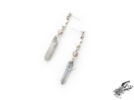 Antique Silver Crystal Moon Stud Earrings
