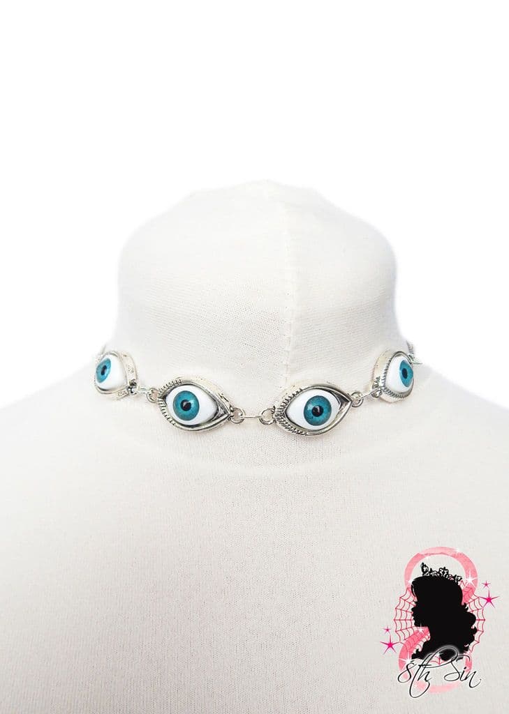 Antique Silver Evil Eyeball Choker Necklace