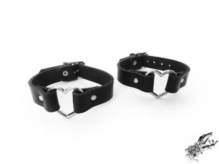 Black Leather Heart Ring Ankle Cuffs
