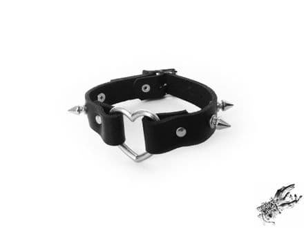 Black Studded Leather Heart Ring Wristband