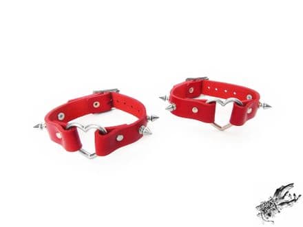Red Studded Leather Heart Ring Ankle Cuffs