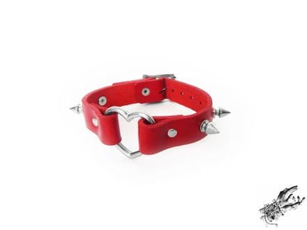 Red Studded Leather Heart Ring Wristband