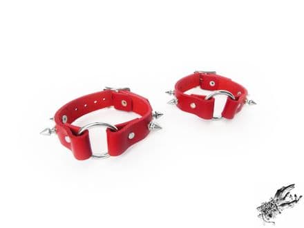 Red Studded Leather O Ring Ankle Cuffs