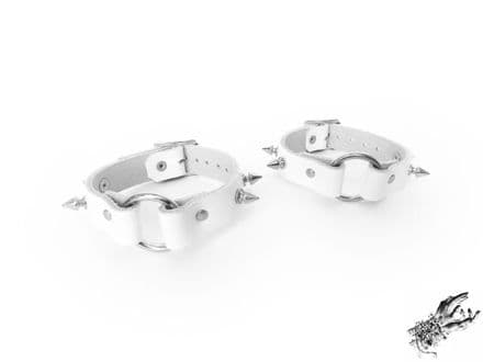 White Studded Leather O Ring Ankle Cuffs