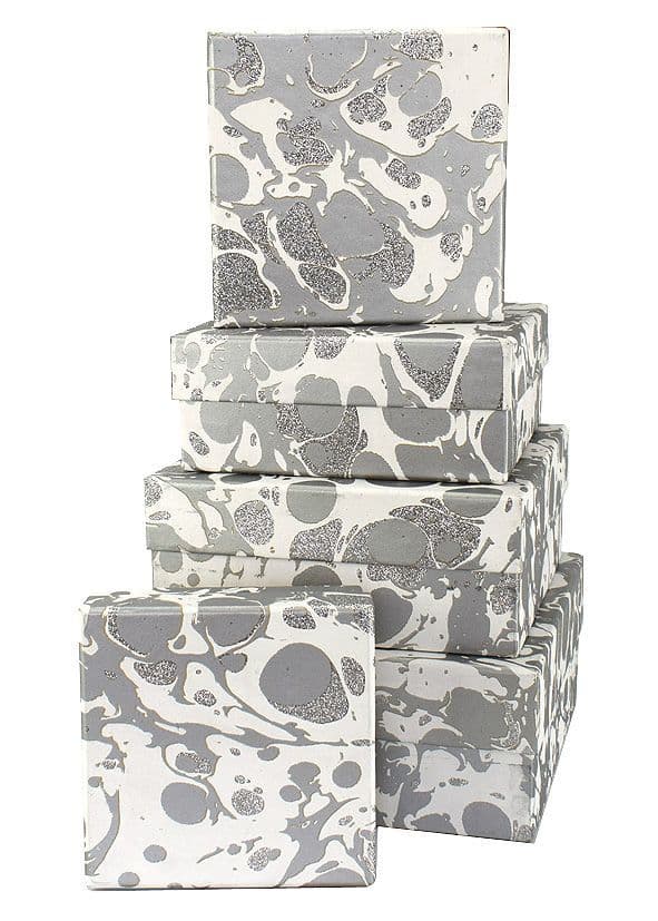 V34104 - Glitter Marble Silver Square Nest of 5 Boxes - GBXS215.100/01GS 1/PK