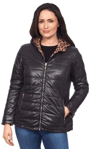 ❤️ Up to Plus ❤️ Womens Black Reversible Quilted Ocelot Print Jacket db783