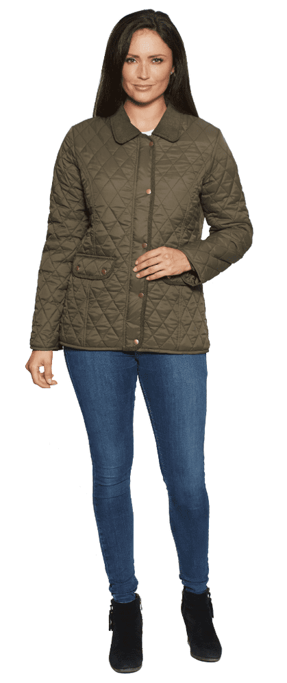 Womens Diamond Quilted Cord Trim Olive Jacket db654