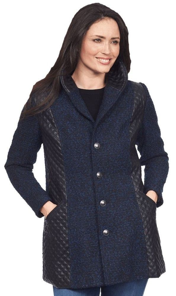 Womens Navy Wool Mix-Diamond Stitch PU Detail Kesta Jacket K554