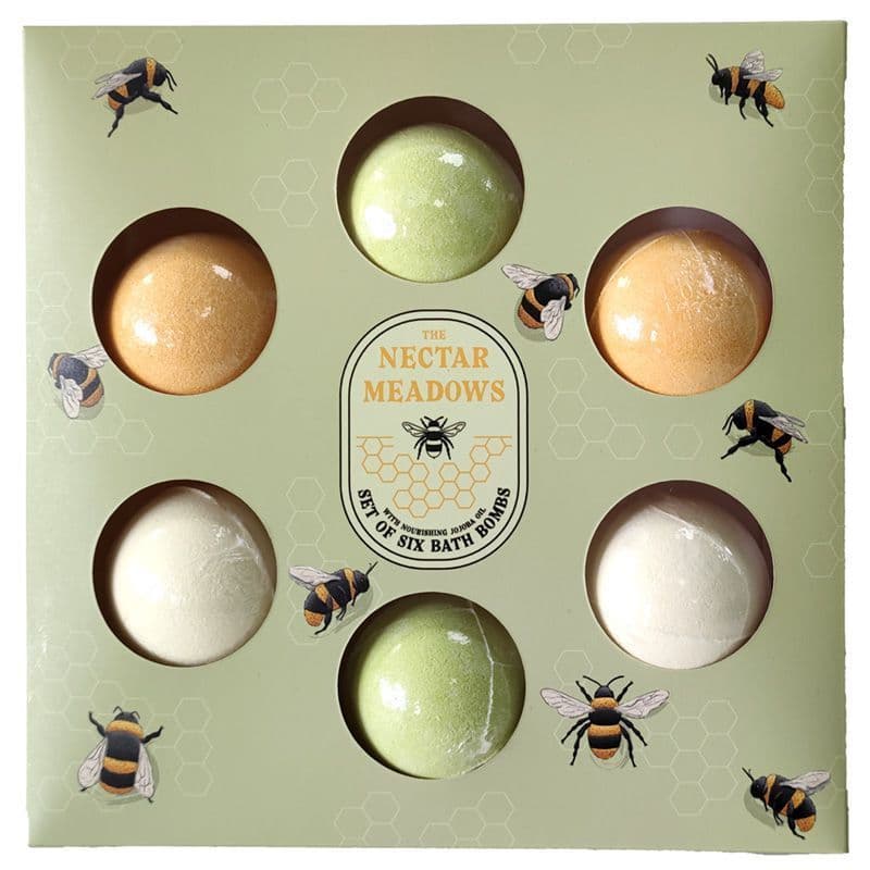 Set of 6 The Nectar Meadows Bee Luxury Orange Blossom & Honey Mini Bath Bombs with Jojoba Oil