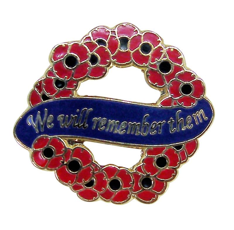 Poppies and Wreath Brooch Lapel Badge with wording 