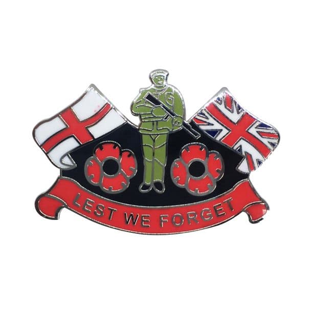 Remembrance Day Poppy lapel Badge with England flag and Union Jack