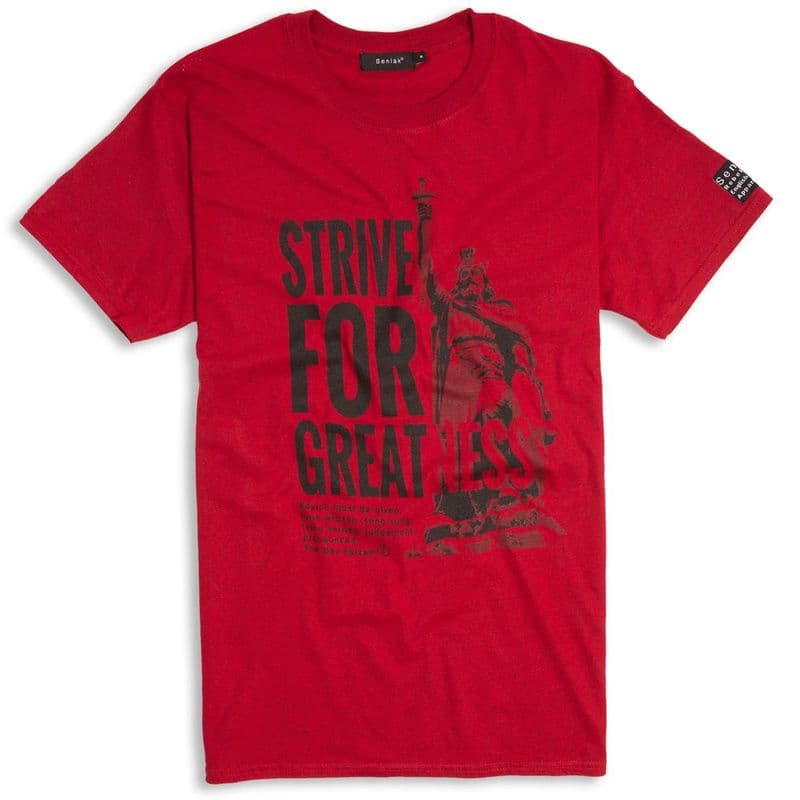 Strive For Greatness T-shirt - Alfred the Great - Antique red with Anglo-Saxon wording