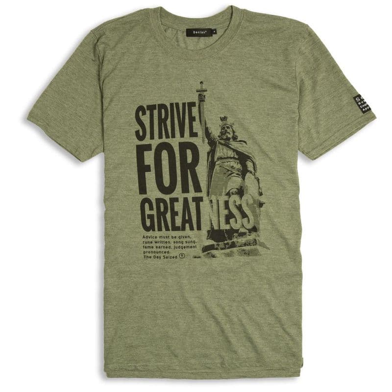 Strive For Greatness England T-shirt - Alfred the Great - Military Green with Anglo-Saxon wording