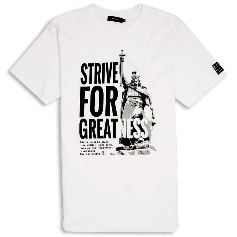 Strive For Greatness T-shirt - Alfred the Great - White with Anglo-Saxon wording