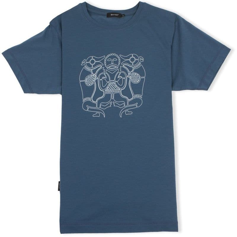 Tiw Old English God indigo t-shirt with Senlak branding on sleeve