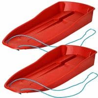 2 x LARGE PLASTIC SLEDGE WITH ROPE WINTER OUTDOOR SNOW KIDS TOBOGGAN SLED RED