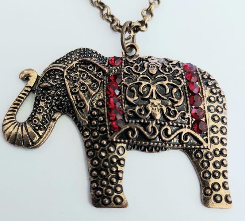 ELEPHANT necklace, gold antique colour with red faux Jewel inlays 2802