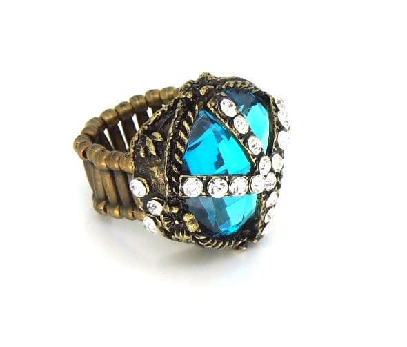 VAMPIRE DIARIES - Vintage big Blue crystal stretchy ring PEACE SUMBOL 4034