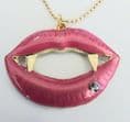 VAMPIRE Fashion design GOLD PINK LIP faux Diamond necklace , Halloween 2798